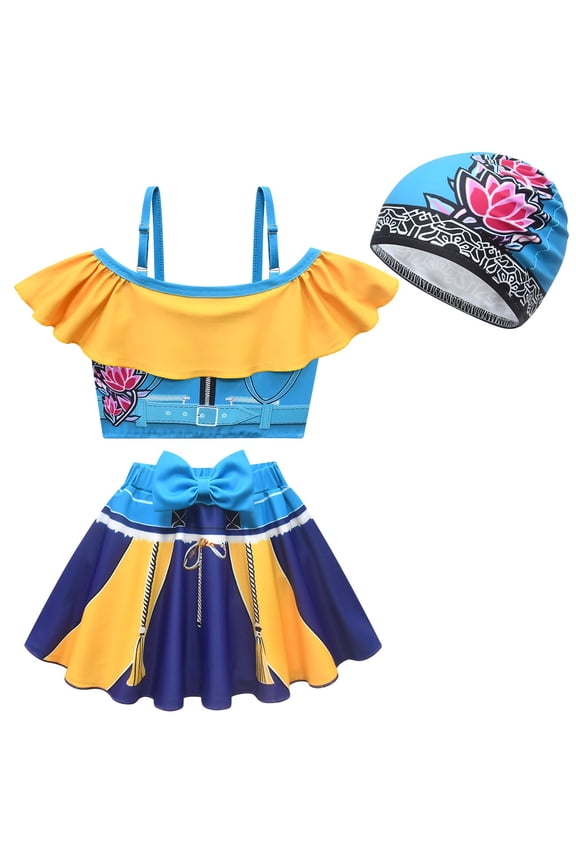 Girls Princess Swimwear Two-Piece Tankini Set with swimming Cap Pop Singer Costume Swimsuits