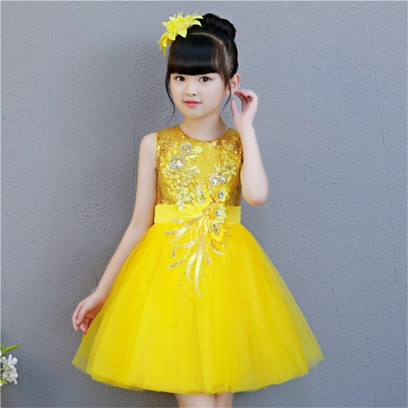 Girls Princess Tulle Dress Little Kids Sleeveless Ruffle A-Line Dress for Casual Birthday Christmas Wedding Party Yellow 7-8 Years