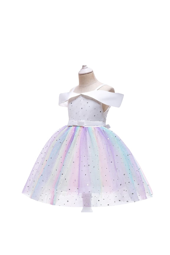 Girls Princess Tulle Party Dress Sleeveless Star Patterned Fancy Tutu Gown for Birthday Wedding Holiday Events