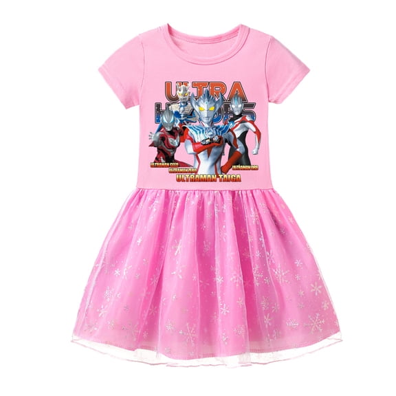 Girls' Princess Ultraman Shiny Cotton Tulle Dress, Short Sleeves and Fun Character Graphics
