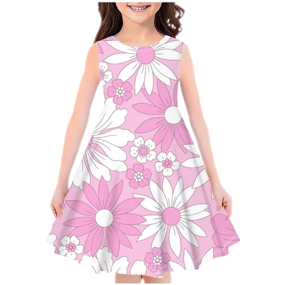 Girls Print Dress Sleeveless Casual Floral 4-12t Midi Swing Dress Cotton Trendy Children Preppy Clothes, Pink, 7 Years