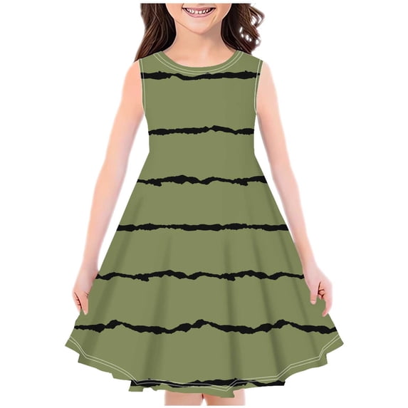 Girls Print Dress Sleeveless Casual Strip 4-12t Midi Swing Dress Cotton Trendy Children Preppy Clothes, Army Green, 13 Years