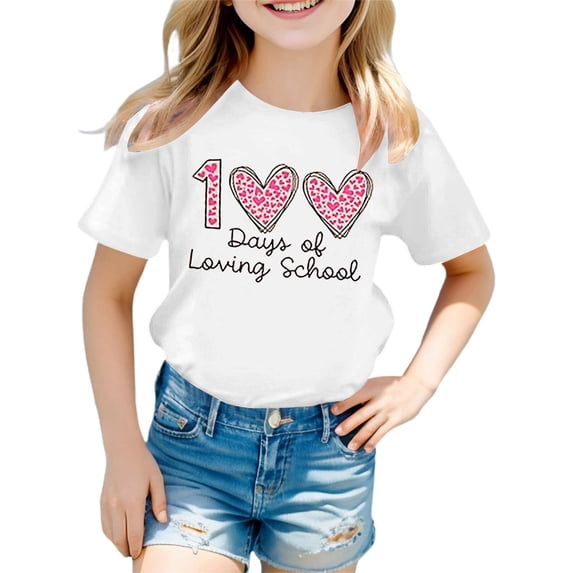 Girls Print Short Sleeve T-Shirt, Crewneck Cotton Graphic Tee for Back to School