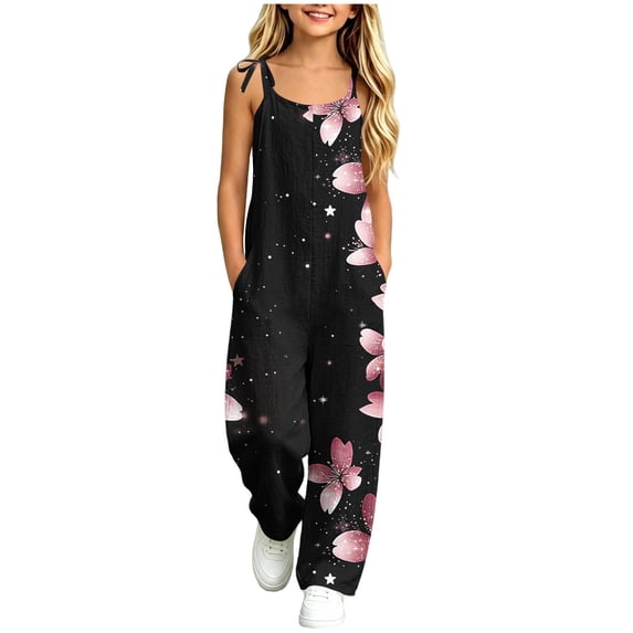 Girls Printed Cami Jumpsuits Sleeveless Spaghetti Straps Jumpsuit Fashion Casual Loose Trousers with Pockets Black 15-16 Years