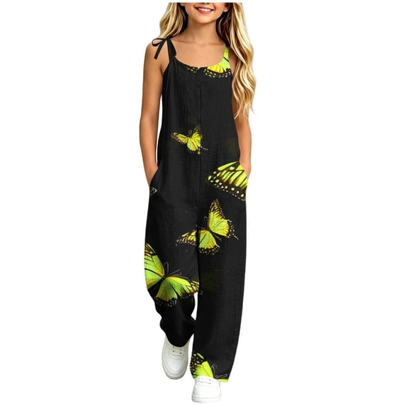 Girls Printed Cami Jumpsuits Sleeveless Spaghetti Straps Jumpsuit Fashion Casual Loose Trousers with Pockets Yellow 15-16 Years