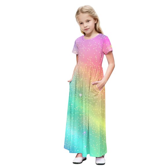 Girls Printed Maxi Dress, Short Sleeve Casual Beach Sundress with Pockets, Summer a Line Flowy Long Dresses Child Plus Size Summer Dresses 4Y