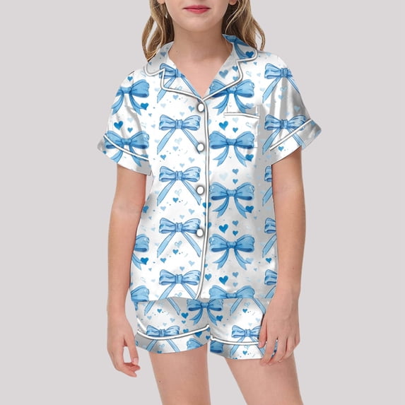 Girls Printed Short Sleeve Button Down Pajama Set Soft Summer Sleepwear and Shorts Outfit Sleepwear Long/Short Sleeve Jammies for Kids Button-Down Nightwear Loungewear