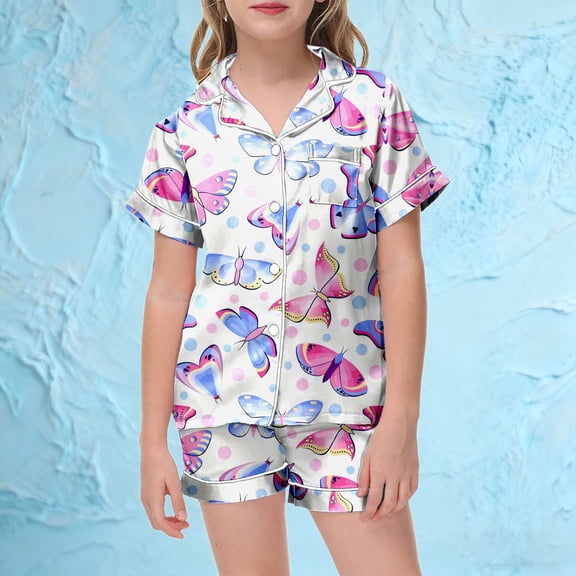 Girls Printed Short Sleeve Pajama Set Comfortable Stylish Sleepwear Outfit For Children And Lounging