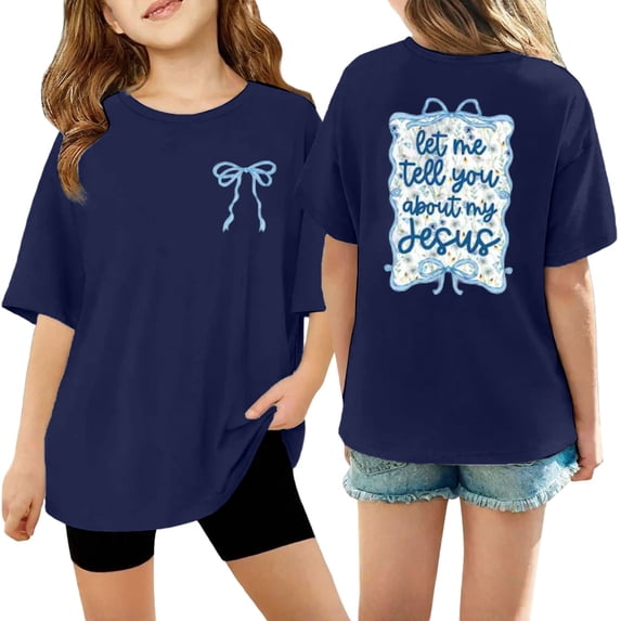 Girls Printed Short Sleeve T-Shirt, Cotton Crewneck Casual Summer Top for Kids & Youth