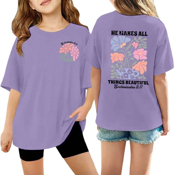 Girls Printed Short Sleeve T-Shirt, Cotton Crewneck Casual Summer Top for Kids & Youth