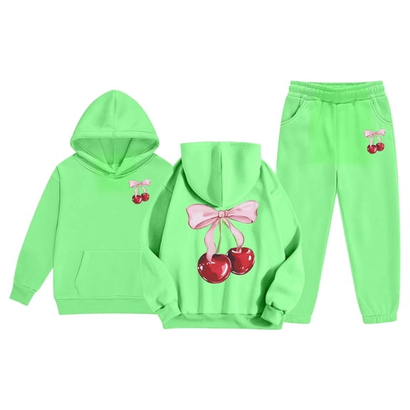 Girls Printing Cherries and Bows Hoodies Outfits Set Child Toddler Long Sleeve Warm Hoodie Pullover Tops and Pants Comfortable Kids Sweat Suit 4-5 Years