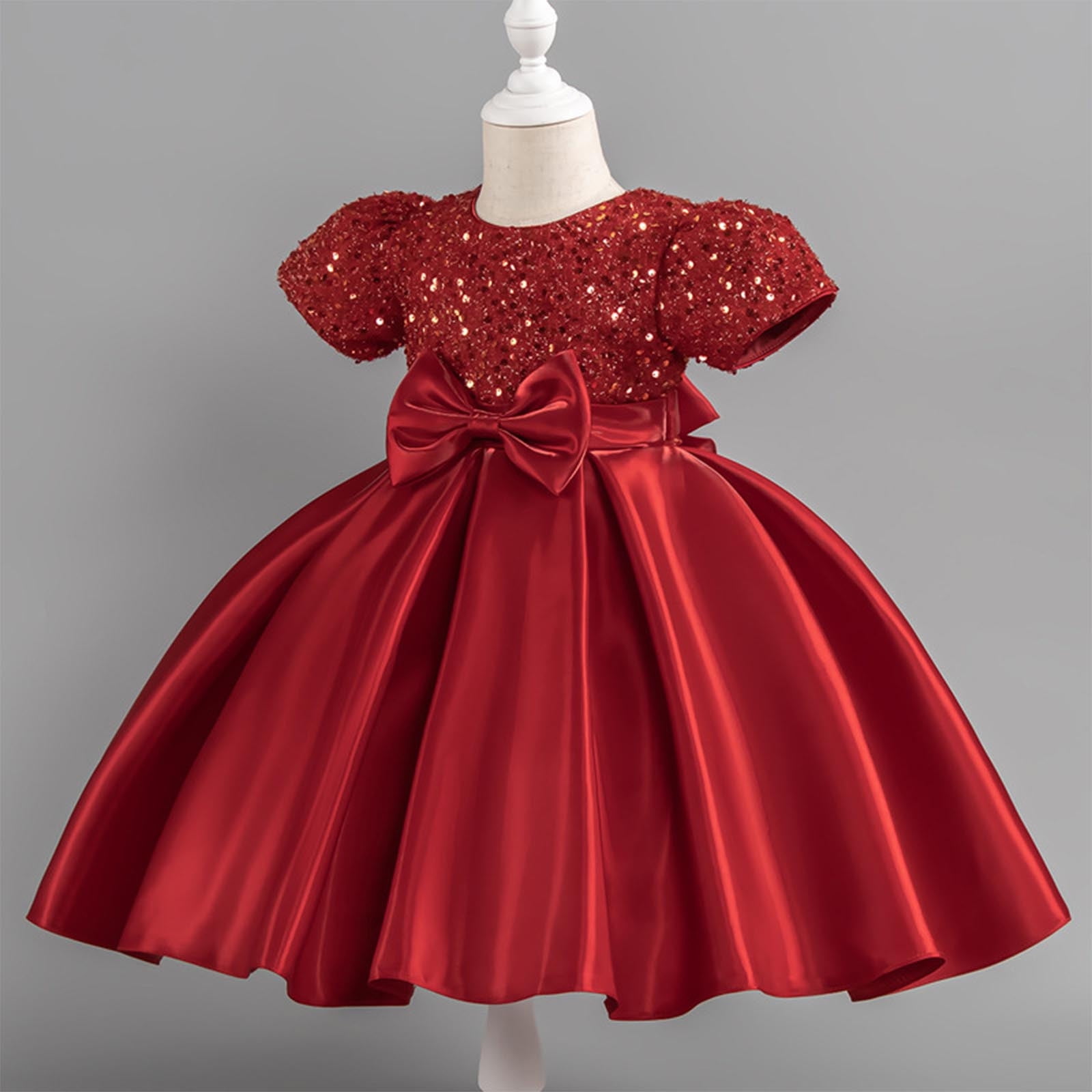 Girls Prom Dresses Formal A-Line Size 2-10 Toddlers Kids Elegant Sequins  Short Sleeve Bowknot High Waisted Solid Performance Party Dress