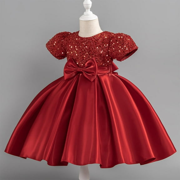 Girls Prom Dresses Formal A-Line Size 2-10 Toddlers Kids Elegant Sequins Short Sleeve Bowknot High Waisted Solid Performance Party Dress