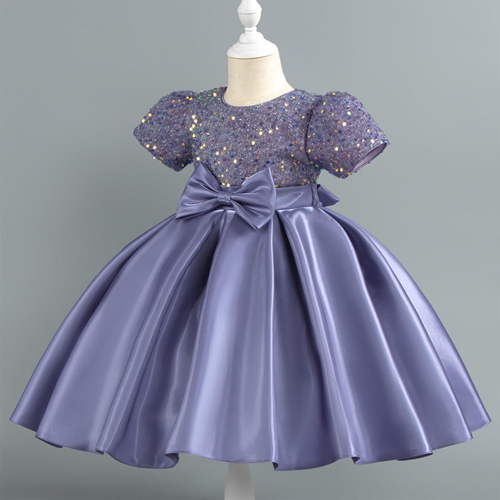 Girls Prom Dresses Formal A-Line Size 2-10 Toddlers Kids Elegant Sequins Short Sleeve Bowknot High Waisted Solid Performance Party Dress