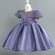Girls Prom Dresses Formal A-Line Size 2-10 Toddlers Kids Elegant Sequins Short Sleeve Bowknot High Waisted Solid Performance Party Dress