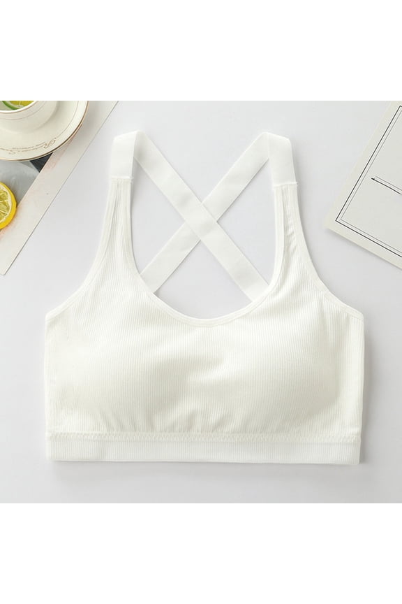 Girls Puberty Training Bra, 100% Cotton Cross Back Design,White Wireless Seamless Sports Bra for Daily & Exercise Use