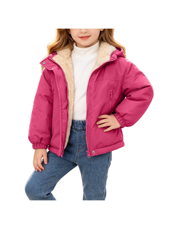 Girls Puff Jackets with Hood Fleece Lined Warm Full Zip Thick Casual Long Sleeve Kids Winter Coats Hot Pink 3 T