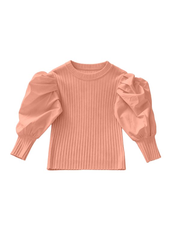 Girls Puff Long Sleeve Ribbed Top, Kids Crew Neck Stretchy Knit Blouse Solid Color Casual Fitted Pullover Shirts for Little & Big Girls