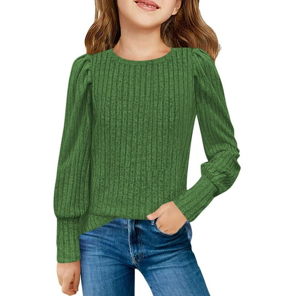 Girls Puff Long Sleeve Shirts Crew Neck Front Pleated Tops Casual Loose Dressy Blouses 5-14 Years Winter Spring Fashions 2025