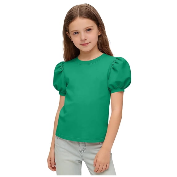 Girls' Puff Short Sleeve T-Shirt Crew Neck Basic Tops Summer Casual Solid Color Tee for 5-15 Years