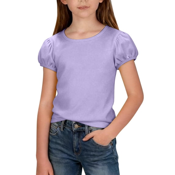 Girls Puff Short Sleeve T Shirts Kids Summer Ribbed Knit Tops Crewneck Slim Fit Workout Tee Casual Solid Color Basic Tops