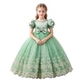 thumbnail image 1 of Girls Puff Sleeve Bow Ball Gown Dress Embroidered Mesh Floor Length Birthday Party Pageant Princess Dress (5-6 T, Mint Green), 1 of 6