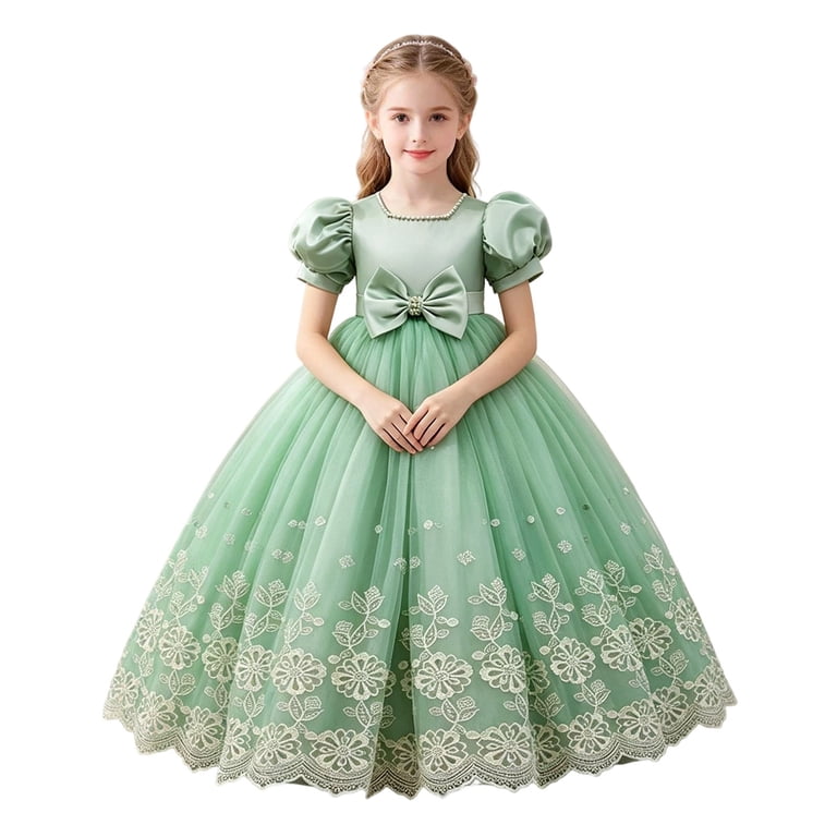 mint green princess dress Wyongtao Girls Puff Sleeve Bow Ball Gown Embroidered Mesh Floor Length Birthday Party Pageant Dress (7-8 Y, Green), Kids Unisex elevated streetwear