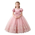 thumbnail image 1 of Girls Puff Sleeve Bow Ball Gown Dress Embroidered Mesh Floor Length Birthday Party Pageant Princess Dress (7-8 Y, Pink), 1 of 8
