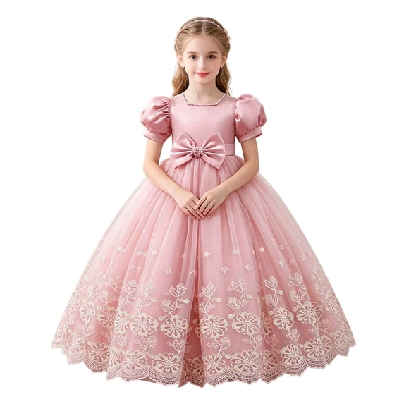 Girls Puff Sleeve Bow Ball Gown Dress Embroidered Mesh Floor Length Birthday Party Pageant Princess Dress (7-8 Y, Pink)