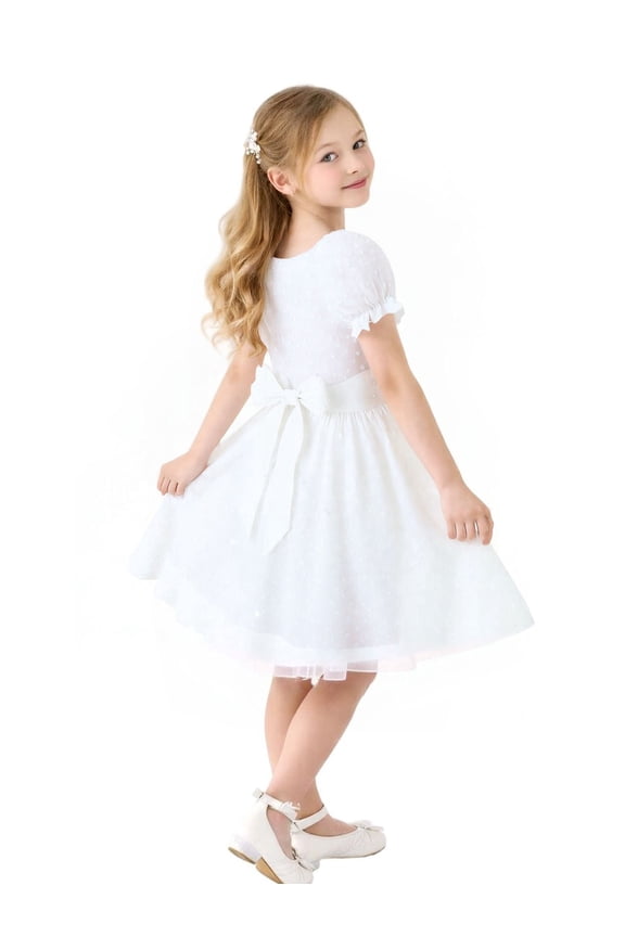 Girls White Swiss Dot Puff Sleeve Polyester Dress 8-9Y Big Girls