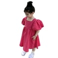 thumbnail image 1 of Girls Puff Sleeve Dress Square Neck Bowknot Tie Back Cute Summer Midi Dresses with Polka Dots Print (4 Years, Hot Pink), 1 of 7