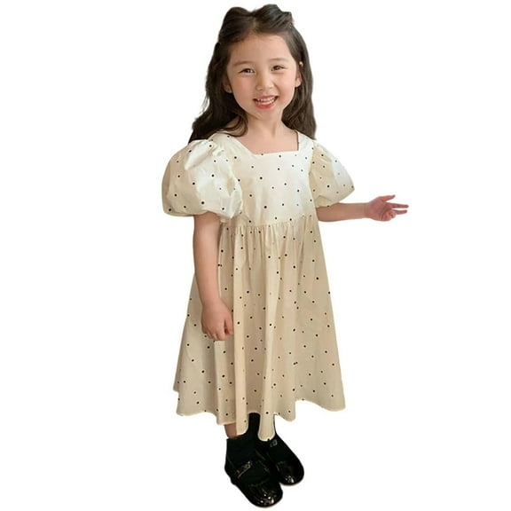 Girls Puff Sleeve Dress Square Neck Bowknot Tie Back Cute Summer Midi Dresses with Polka Dots Print (5 Years, White)