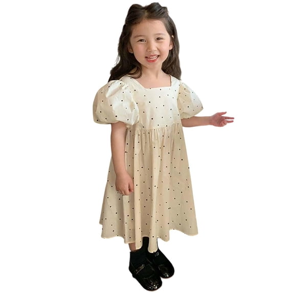 Girls Puff Sleeve Dress Square Neck Bowknot Tie Back Cute Summer Midi Dresses with Polka Dots Print (9 Years, White)
