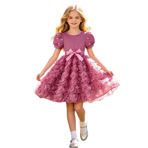 Girls Puff Sleeve Rose Tutu Dress Pearl Embellished Top with Satin Bow Waist Kids Formal Party Birthday Dress Summer Casual Wear(Hot Pink,4-5 Years)