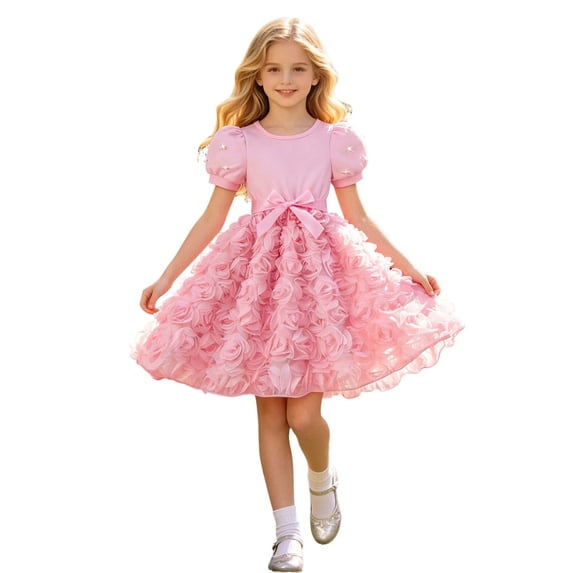 Girls Puff Sleeve Rose Tutu Dress Pearl Embellished Top with Satin Bow Waist Kids Formal Party Birthday Dress Summer Casual Wear(Pink,5-6 Years)