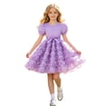 thumbnail image 1 of Girls Puff Sleeve Rose Tutu Dress Pearl Embellished Top with Satin Bow Waist Kids Formal Party Birthday Dress Summer Casual Wear(Purple,3-4 Years), 1 of 5