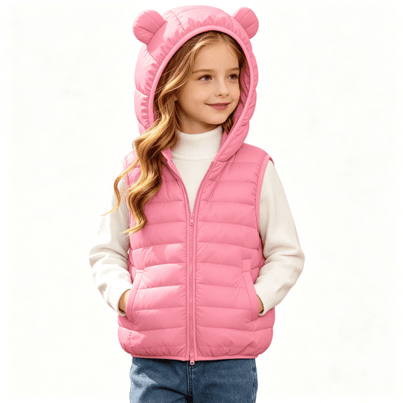 Girls Puff Vest with Bear Ears Hood Full Zip Sleeveless Casual Cute Warm Kids Quilted Jacket Outwear Pink 6-14