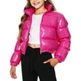 thumbnail image 1 of Girls Puffer Coat Bright Solid Color Warm Cropped Down Jacket No Hood Long Sleeve Stand Collar Zip Up Outerwear (1-2 Years, Hot Pink), 1 of 6