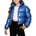 thumbnail image 1 of Girls Puffer Coat Bright Solid Color Warm Cropped Down Jacket No Hood Long Sleeve Stand Collar Zip Up Outerwear (2-3 Years, Blue), 1 of 6