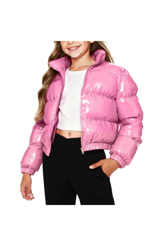 Girls Puffer Coat Bright Solid Color Warm Cropped Down Jacket No Hood Long Sleeve Stand Collar Zip Up Outerwear (4-5 Years, Pink)