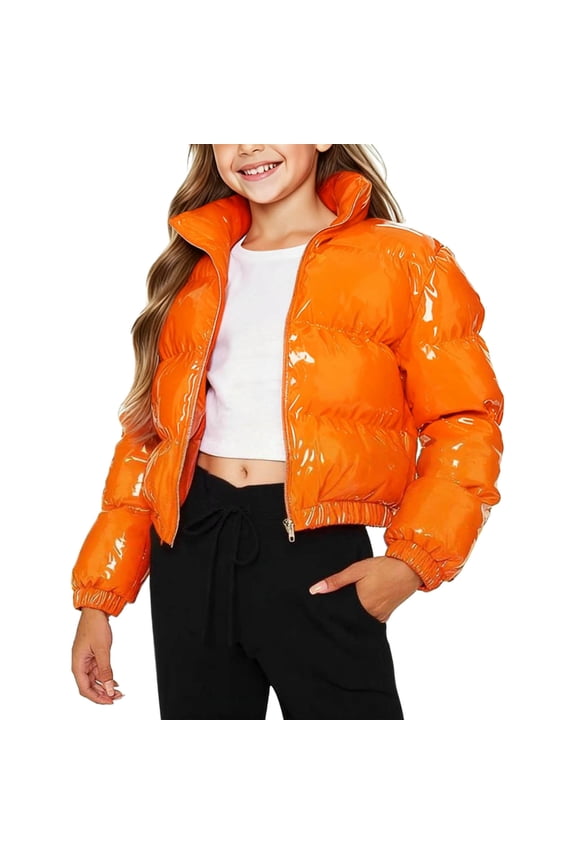 Girls Puffer Coat Bright Solid Color Warm Cropped Down Jacket No Hood Long Sleeve Stand Collar Zip Up Outerwear (7-8 Years, Orange)
