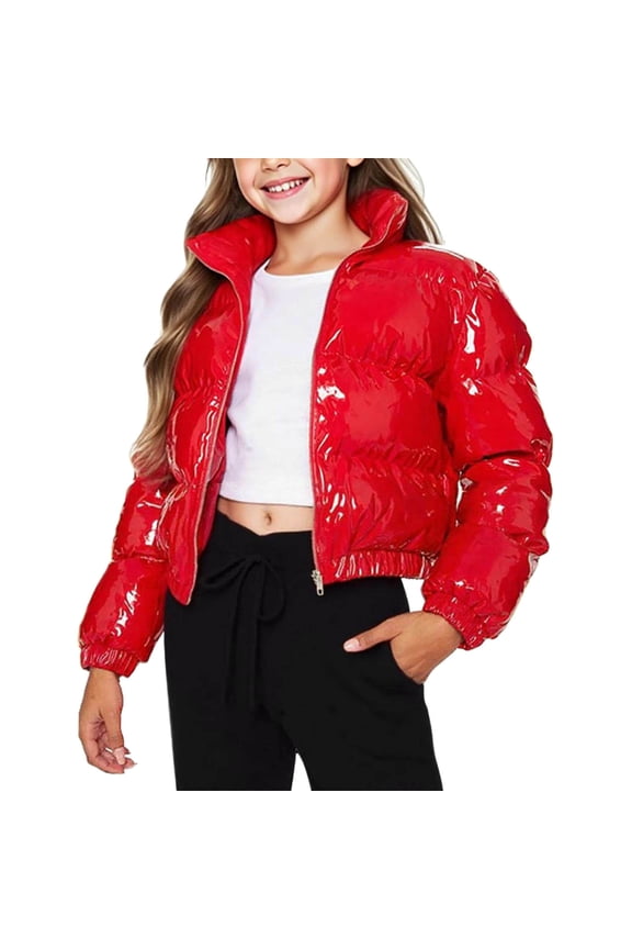 Girls Puffer Coat Bright Solid Color Warm Cropped Down Jacket No Hood Long Sleeve Stand Collar Zip Up Outerwear (9-10 Years, Red)