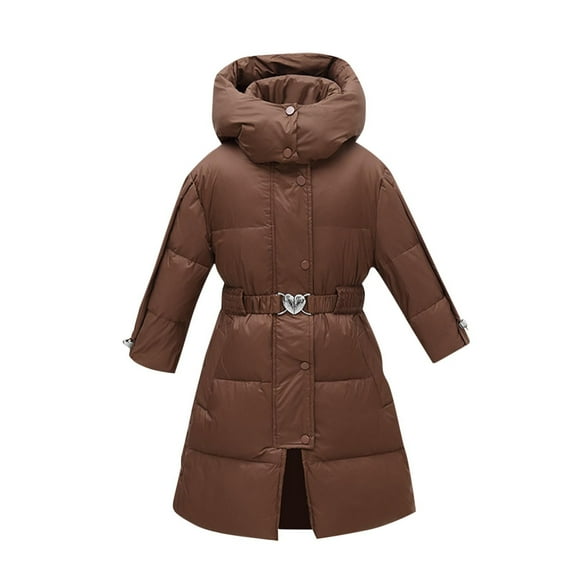Girls Puffer Coat Mid Length Hooded Tunic Down Jacket Long Sleeve Thicken Warm Winter Overcoat with Pockets (12 Years, Coffee)