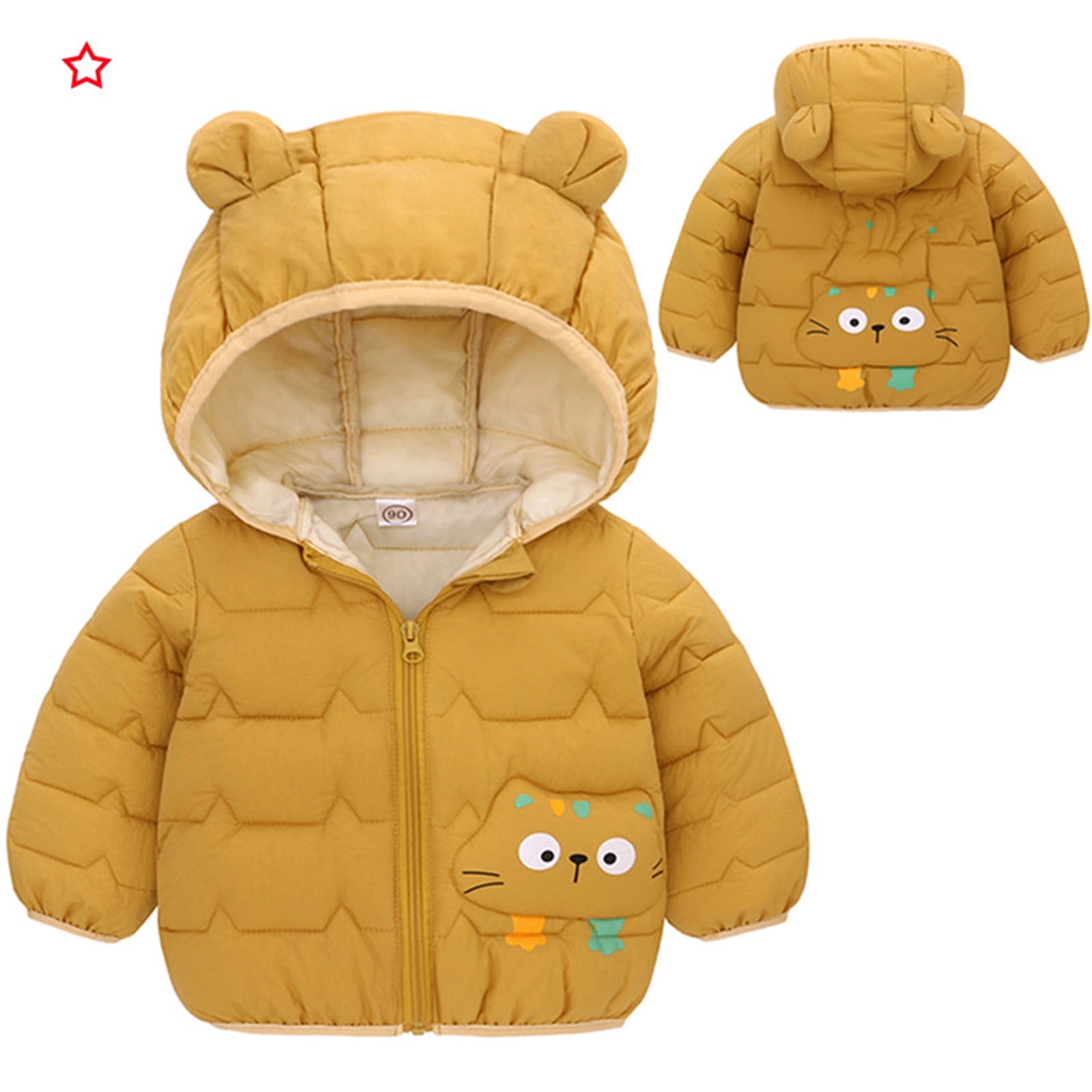 Girls Puffer Jacket Cute Print Warm Puffy Coats with Bear Hooded Zip Up