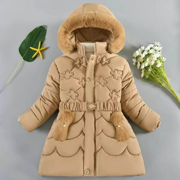 Girls Puffer Jacket Girl Winter Coat with Pocket Zip up Hooded Coat Solid Color Long Sleeve Toddler Puffer Jacket for Kids 120-M