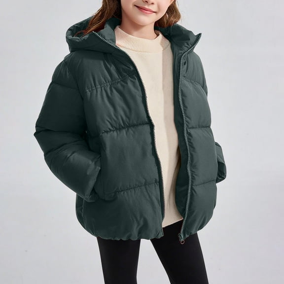 Girls Down Puffer Jacket with Hood Thermal Quilted Coat with Pockets Long Sleeve Zip Up Winter Warm Jacket Thermal Tween Girl Clothes for Cold Weather, Size 2-12