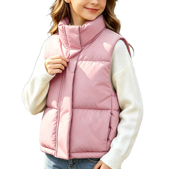 Girls Puffer Vest Casual Sleeveless Full-Zip Gilet Kids Outerwear Vest Winter Outdoor Warm Jacket