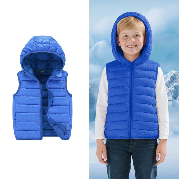 Girls Puffer Vest Hooded Blue Puffer Vest Zipper Sleeveless Lightweight Jacket Fall Winter Clothes 7-8 Years