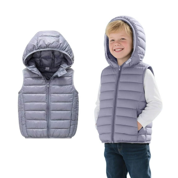 Girls Puffer Vest Hooded Jacket Boys Grey Vest Full-Zip Sleeveless Lightweight Jacket Boys Winter Vest 5-6 Years