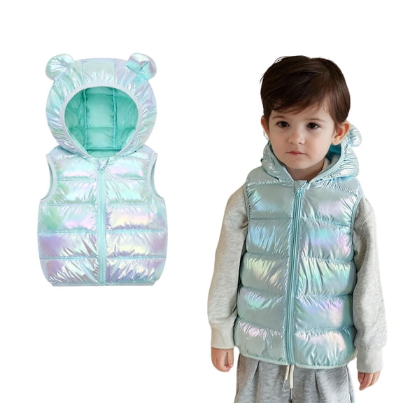 Girls Puffer Vest Hooded Jacket Green Down Vest Zipper Sleeveless Bear Ears Lightweight Jacket Vest for Girls4-5 Years